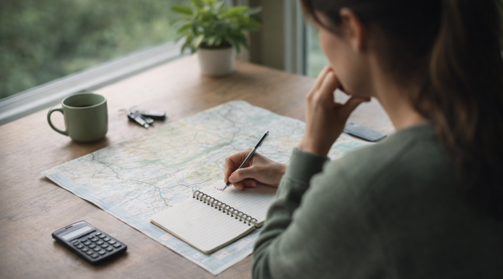 Pessoa planejando uma viagem de carro antes de sair, analisando mapa e calculando custos em um ambiente calmo e organizado.